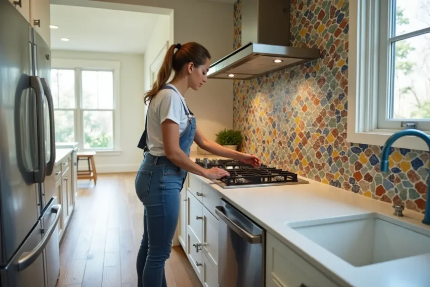 homeowner installing zellige tile backsplash to enhance kitchen aesthetics