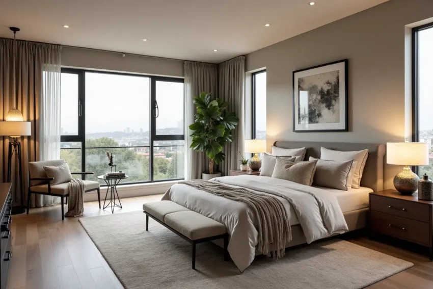 homeowner designing stylish bedroom retreat in upper level living space