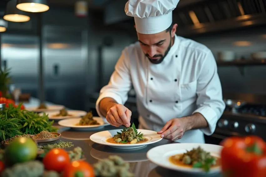 chef preparing cannabis infused dishes for unique culinary experience