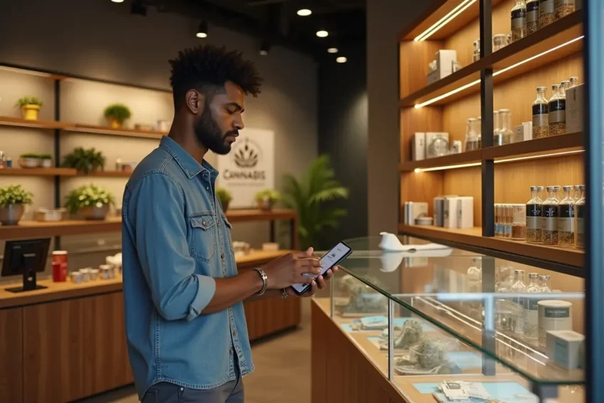 customer exploring cannabis dispensary for exclusive products and special offers