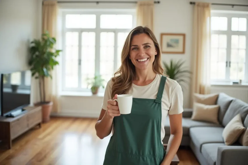 homeowner enjoying benefits of hiring expert cleaning services for home