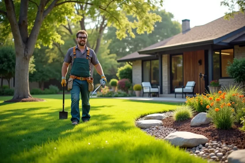 homeowner improving property with custom lawn care and landscaping services