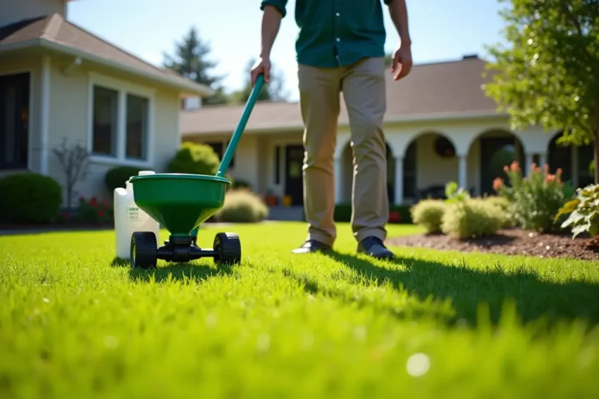 homeowner using lawn treatments to maintain healthy and lush yard