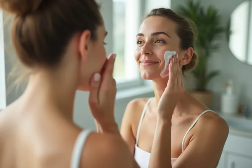 person following skincare routine to maintain healthy glowing skin daily