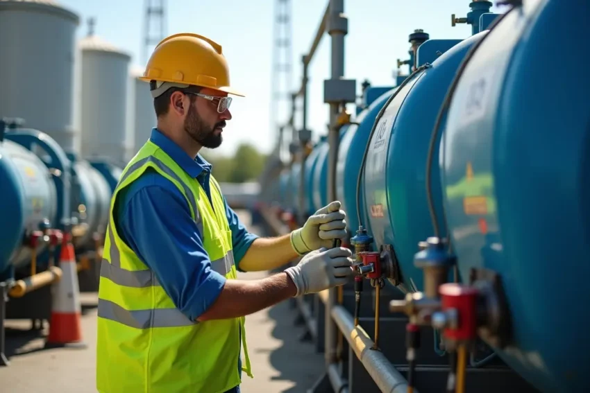 worker following safety measures for water and fuel handling tasks