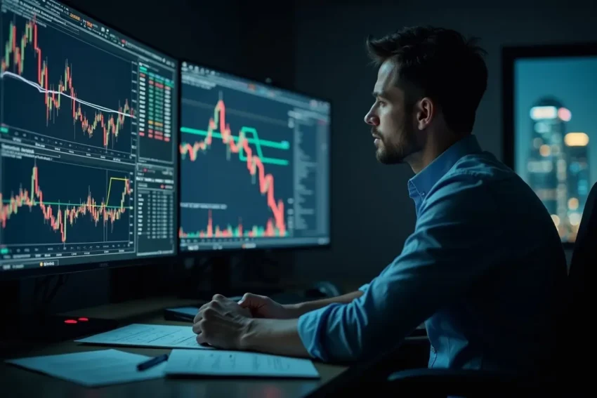 trader analyzing gold and currency markets during volatile conditions