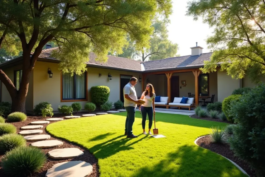 homeowner creating beautiful yard with low maintenance landscaping solutions