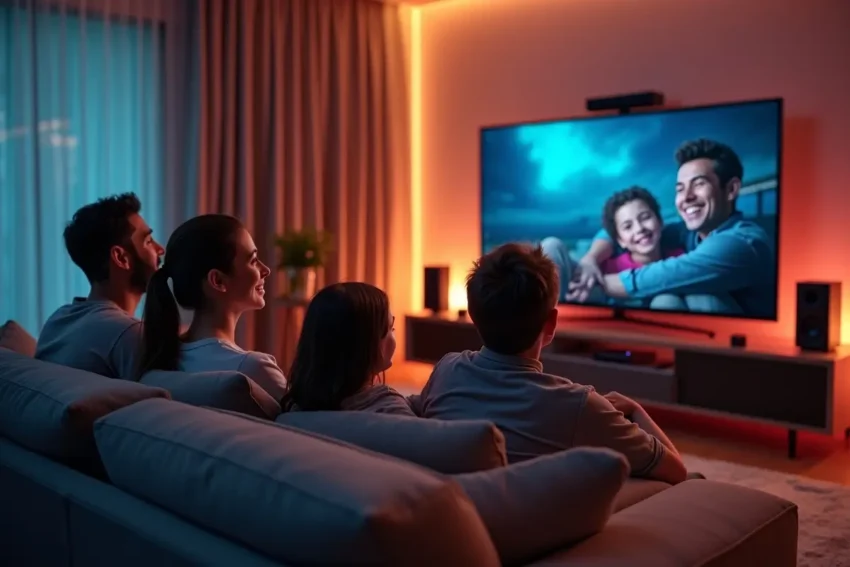 family enjoying upgraded home entertainment with quality audio and lighting