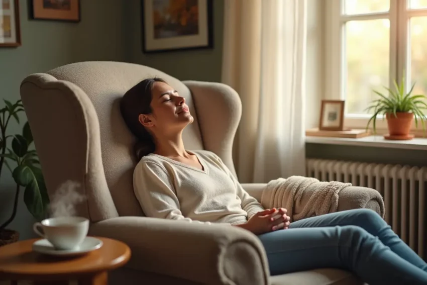 person relaxing comfortably at home after a long stressful day