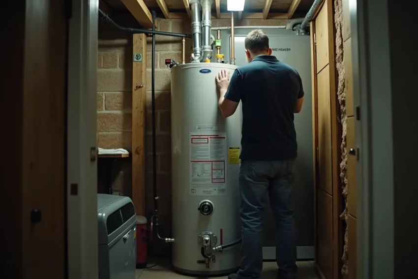 homeowner checking water heater after suddenly losing hot water